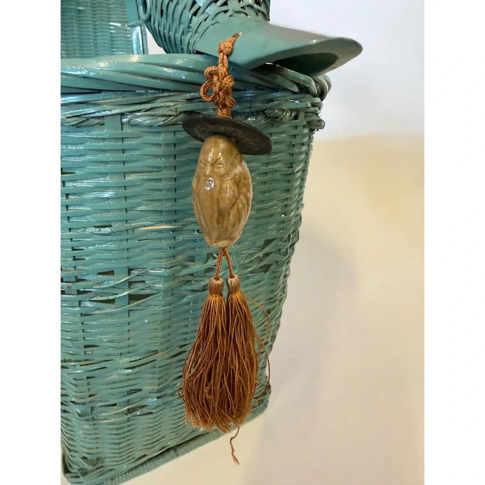 Vintage Swan Goose Oriental‎ Tassel Wicker Basket Sage Green Decor Cottagecore